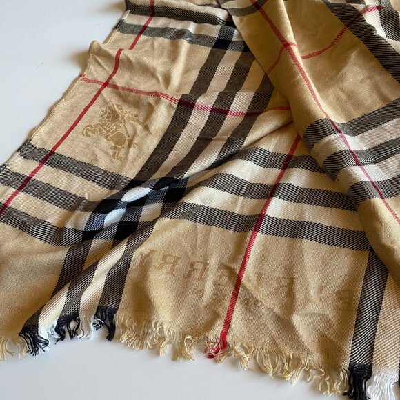 Burberry London Nova Check Beige Scarf Silk Blend Fringed Edge Lightweight - Picture 6 of 11